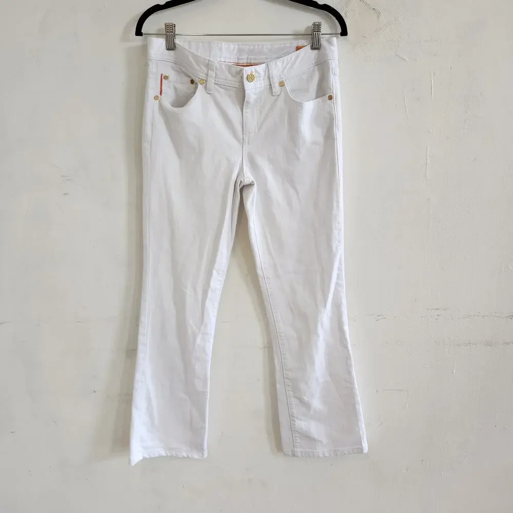 Tory Burch White Cropped Slim Boot Cut Jeans Size 28 Luxury Denim Logo Pockets